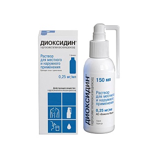 Купить диоксидин р-р д/мест прим 0,25 мг/мл фл 150мл (валента) Диоксидин р-р д/мест прим 0,25 мг/мл фл 150мл (Валента)